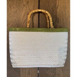 Vtg Kate Spade Woven White Wicker Tote Bag Purse Bamboo Handles Fabric Interior